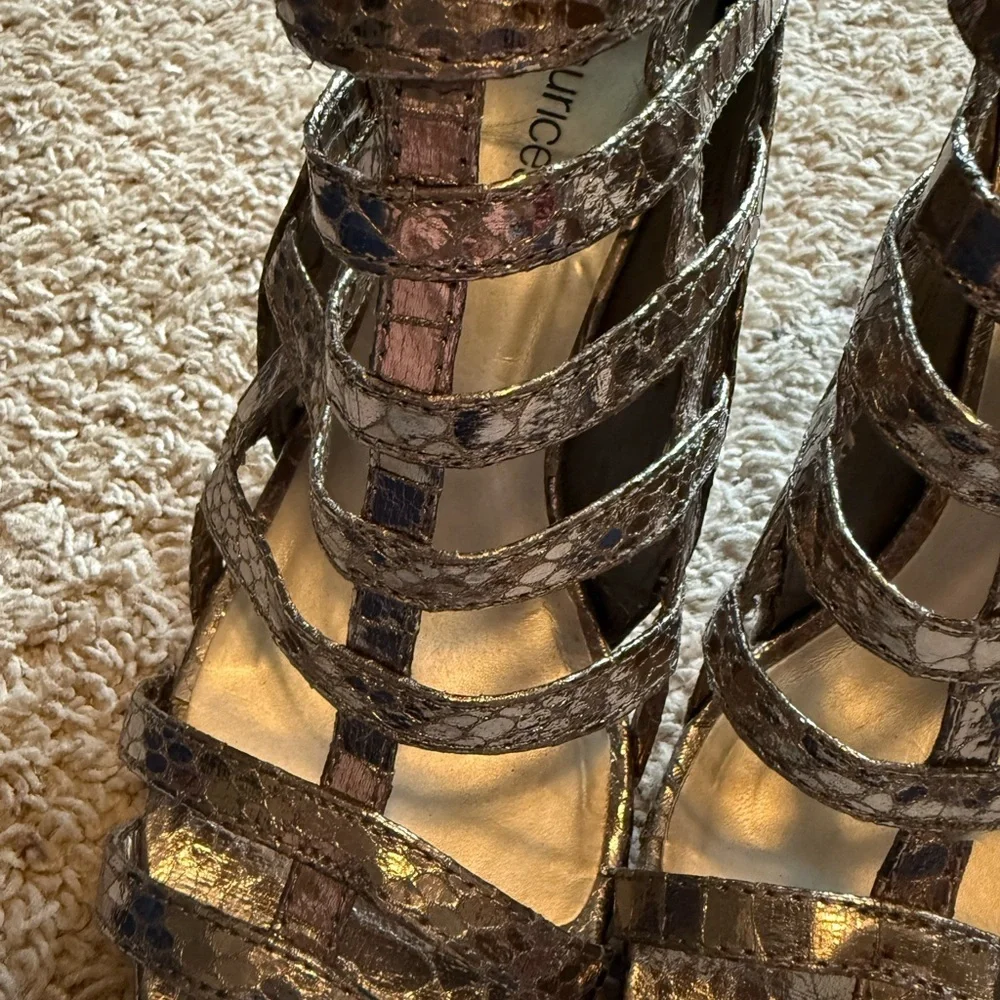 Maurices Metallic Snake-Print Strappy Heels in Bronze